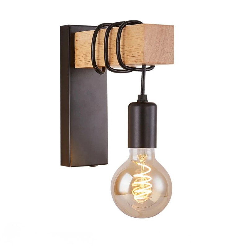 Applique murale en bois et métal noir au style industriel, modèle style-industriel sur fond blanc