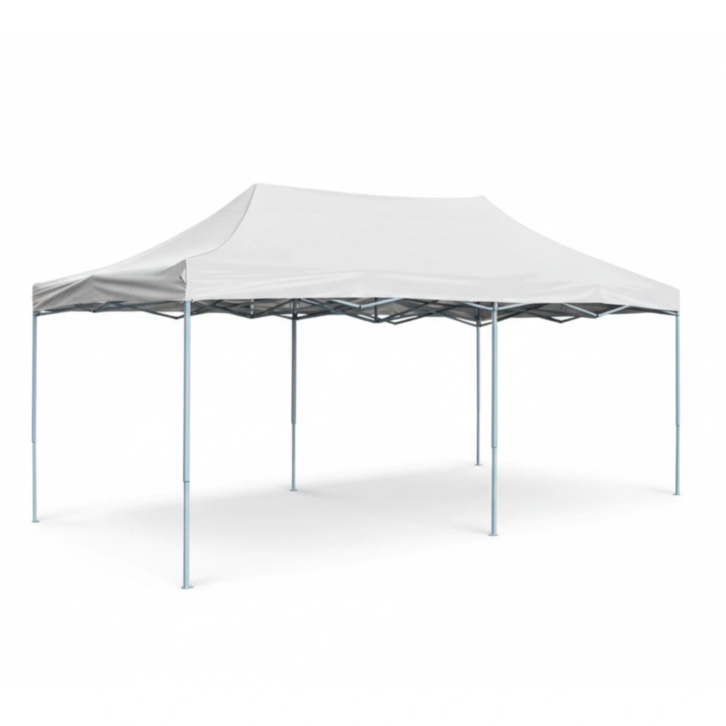 Grande tente de réception pliable blanche 3x6m avec structure à six poteaux en acier.