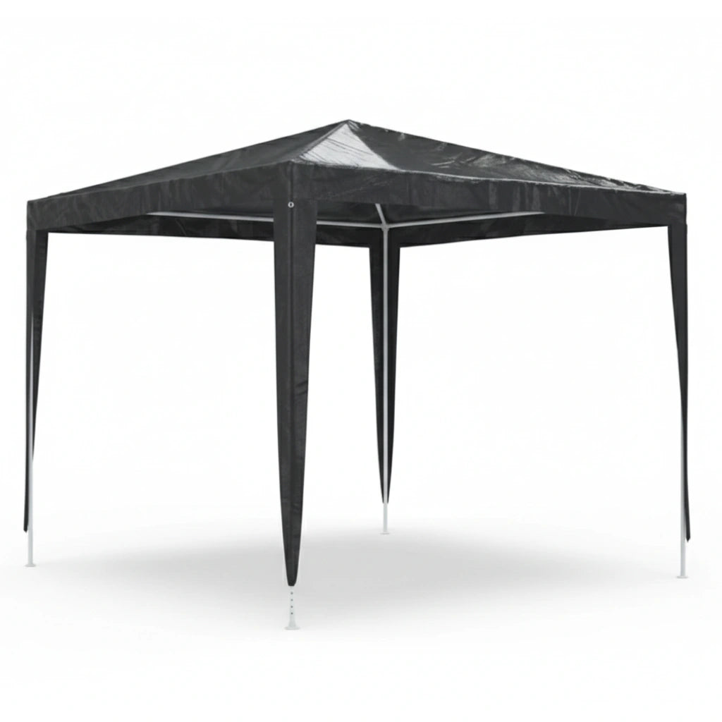 Vue d'angle d'une tente de réception anthracite 2,5x2,5m avec structure en acier blanc.