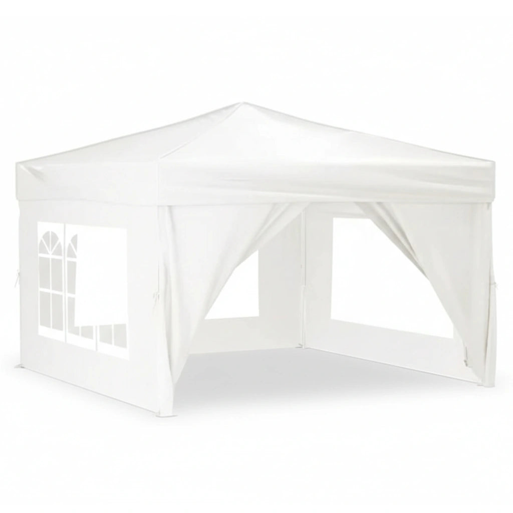 Tente de réception pliante blanche 3x3 m avec rideaux ouverts attachés sur les côtés et fenêtres transparentes.