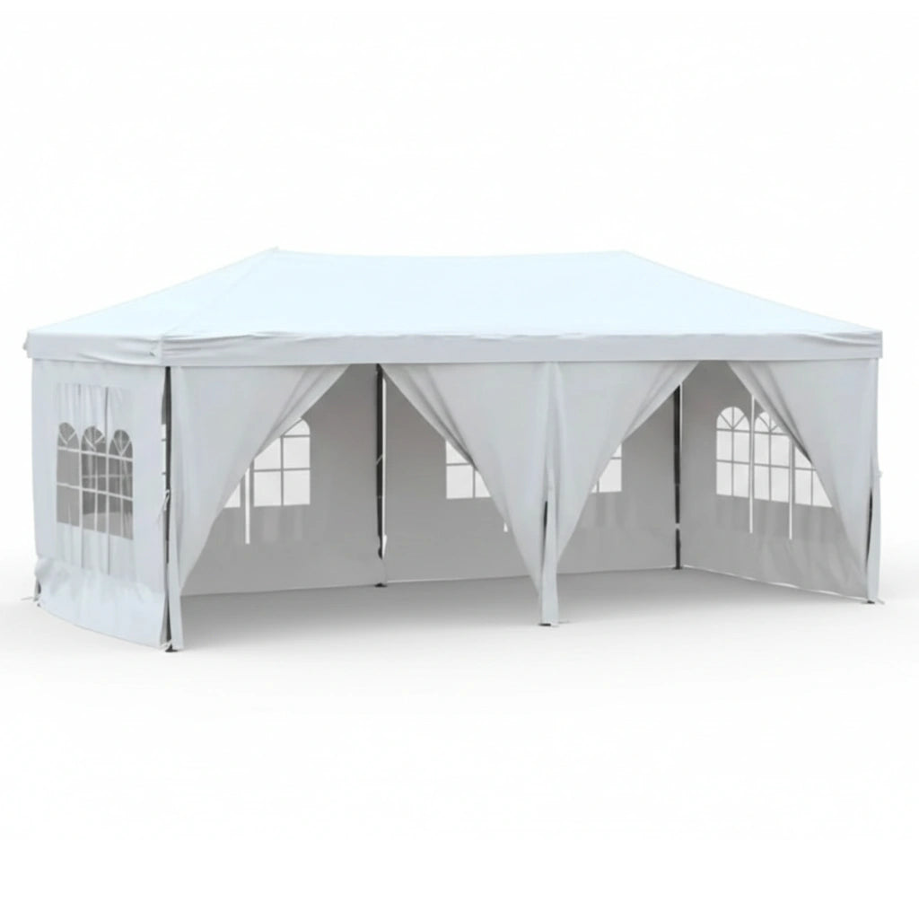 Grande tente de réception pliante blanche 3x6 m (18m²) avec structure pop-up et parois latérales partiellement ouvertes.