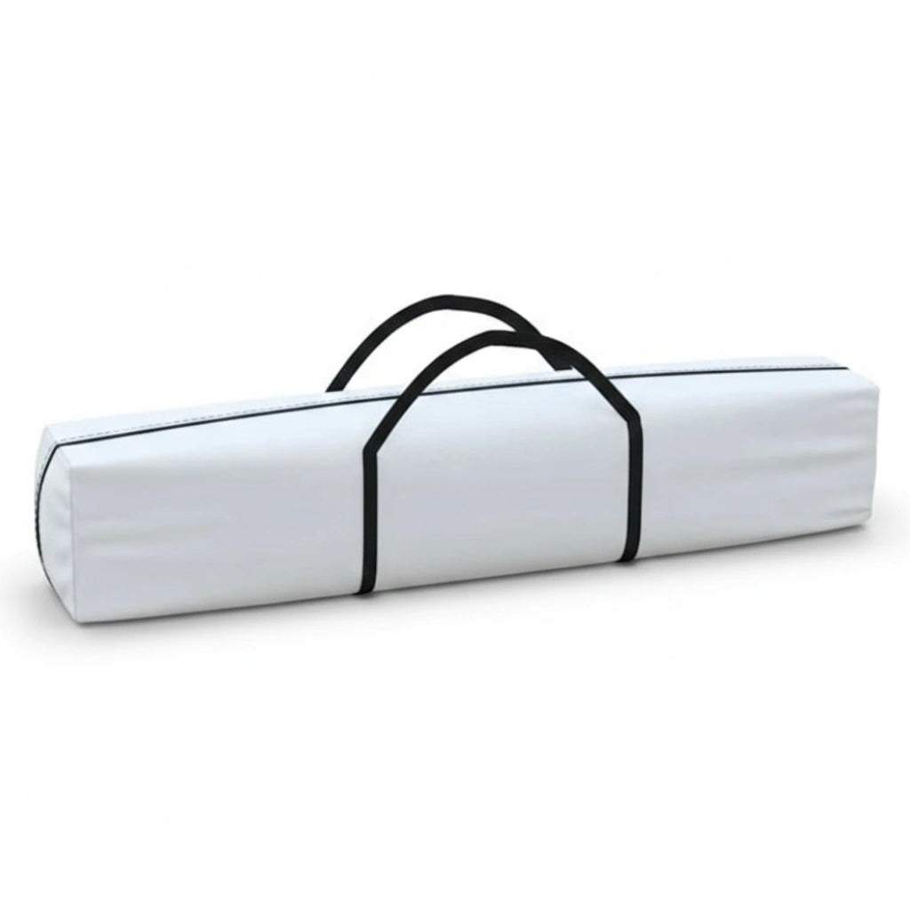 Sac de transport blanc allongé avec poignées noires pour ranger le chapiteau pliant grand format.