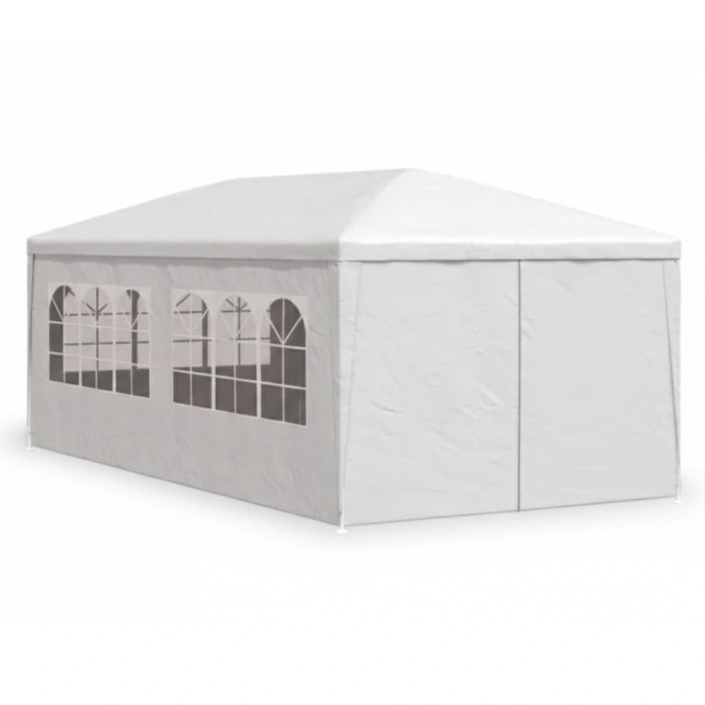 Vue arrière d'un chapiteau de jardin 3x6 m entièrement fermé par une toile blanche imperméable pour protéger du vent.