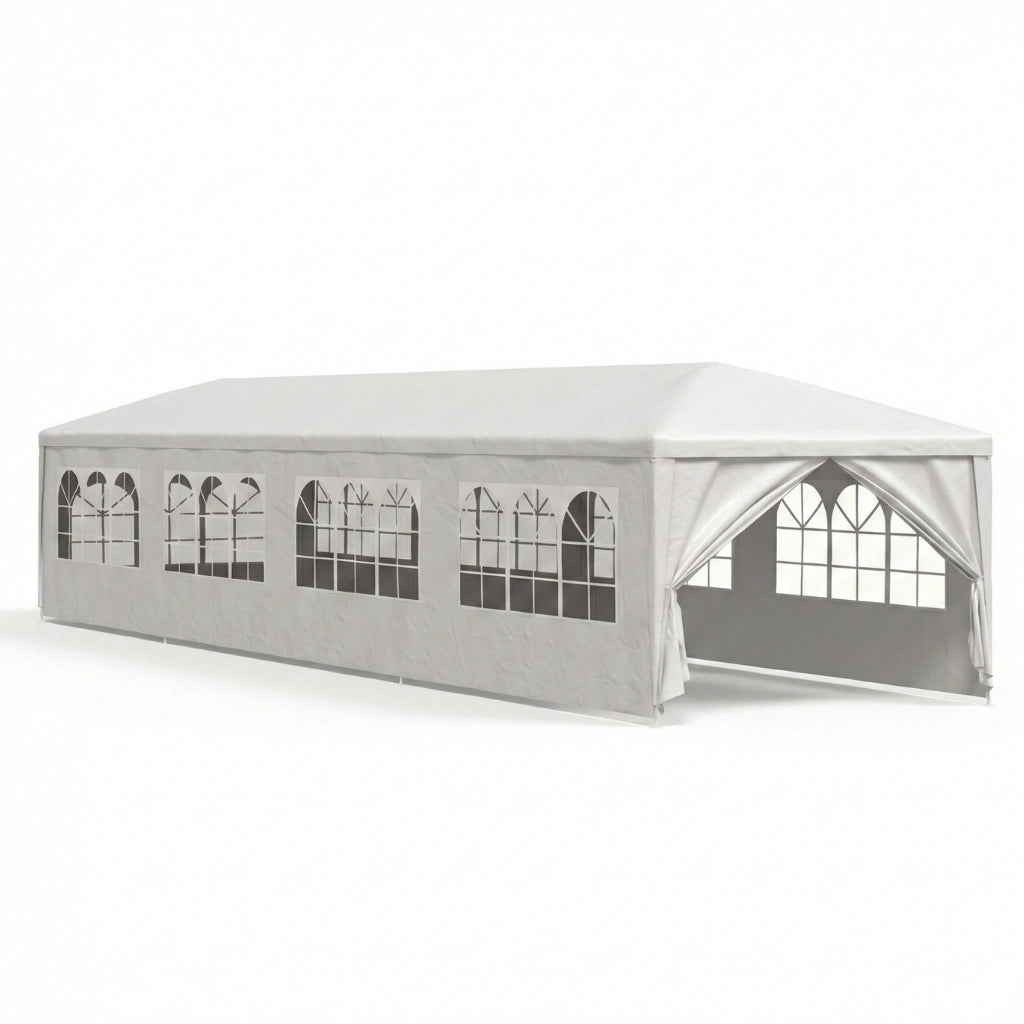 Tente de réception XXL blanche 3x12 m (36m²) avec entrée ouverte et structure tubulaire en acier pour grands événements.