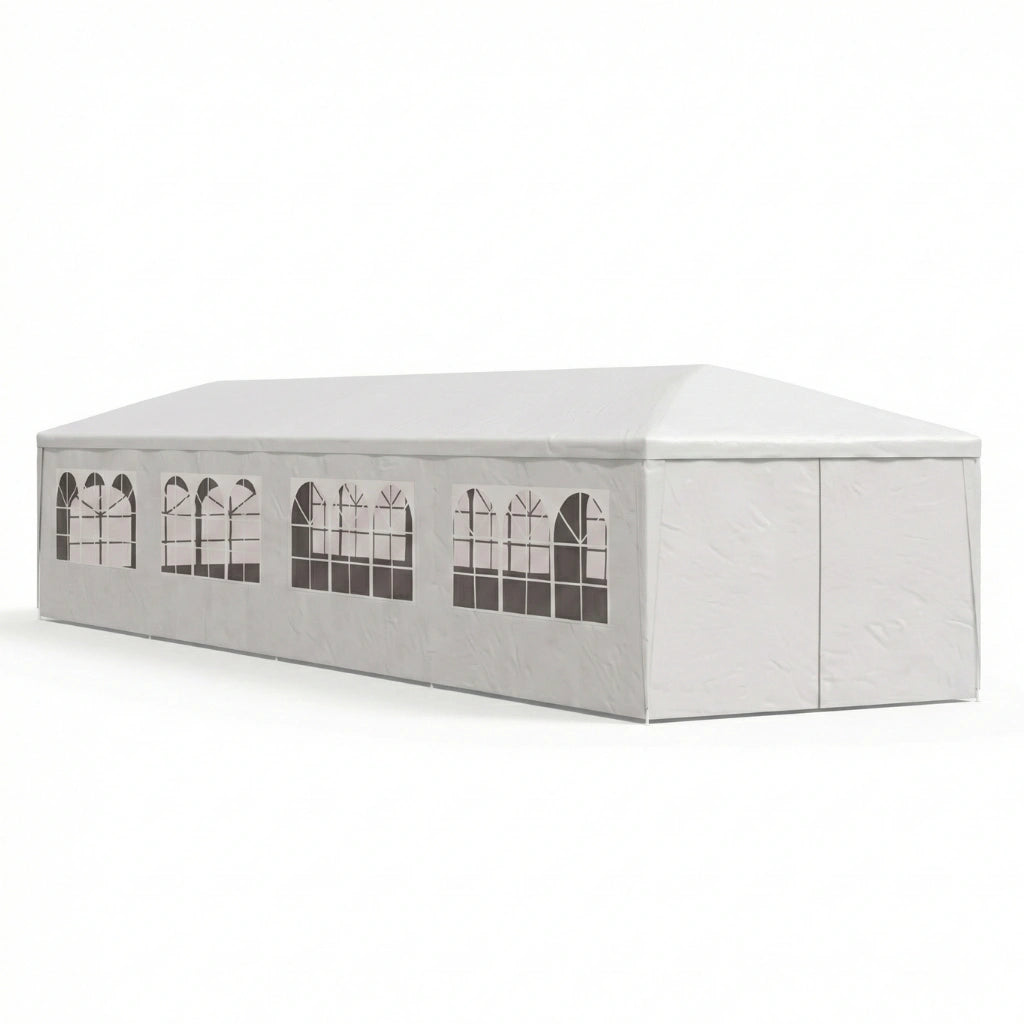 Grand barnum de jardin 3x12 m entièrement fermé avec des parois blanches opaques pour protéger une exposition ou un banquet.