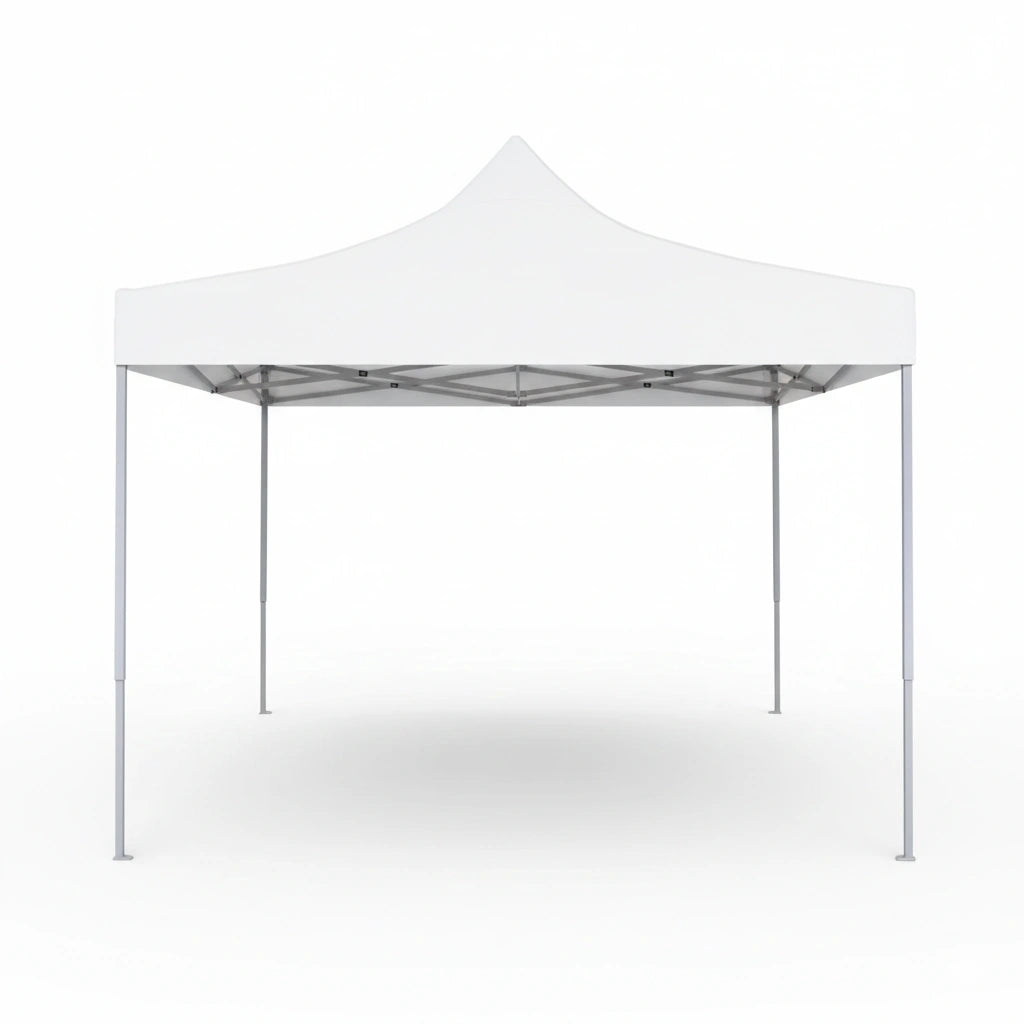 Vue de face d'une tente de réception pliable blanche avec structure en accordéon visible.