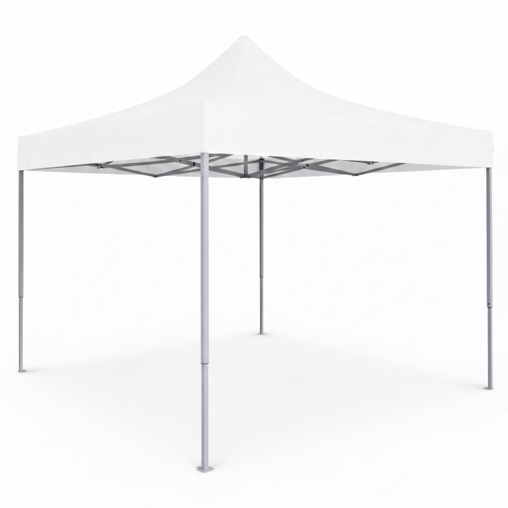 Tonnelle pliante blanche 3x3m en vue de trois-quarts, structure métallique grise.