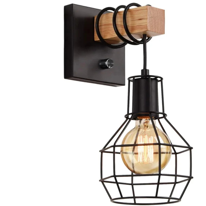 Applique murale cage en métal noir et bois vintage, style industriel, modèle applique-murale-cage-metal-noir-et-bois-vintage