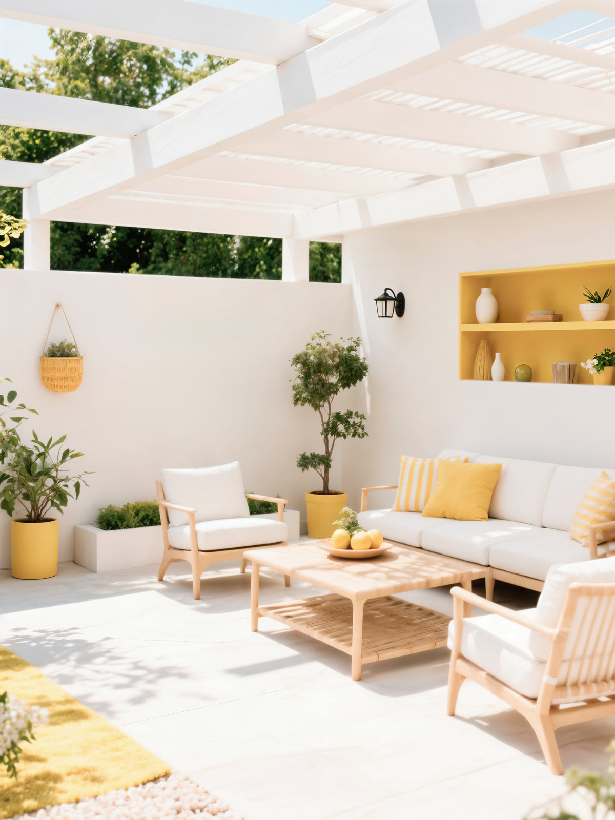 Applique lanterne noire sur mur blanc d'une terrasse ensoleillée aux touches jaunes